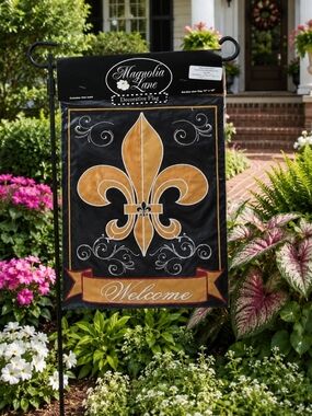 Magnolia Lane Fleur De Lis Welcome Garden Flag 13x18 Black Gold Double-Sided NWT